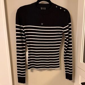 Black and White Striped Crew Neck Sweater